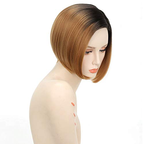 10inch Ombre Brown Short Bob Wigs With Black Root Side Part Synthetic Straight hair Wigs for Women