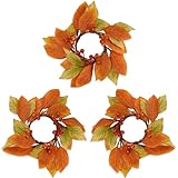 Rhytsing 3pcs Artificial Fall Candle Rings for Pillar Candles with Autumn Leaves and Orange Berry, Orange Wreaths for Candlesticks Holders, Dining Table Centerpiece, Inner Diameter: 3.5'