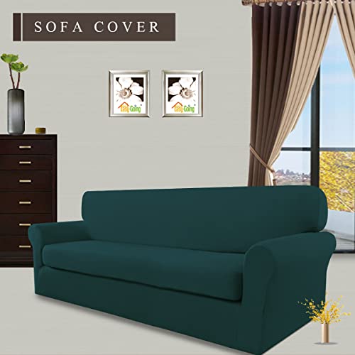 Image of Easy-Going 2 Pieces Stretch Couch Sofa Slipcover Washable | Spandex Soft Fitted Sofa Couch Cover for Sofa Furniture Protector with Bottom Kids,Pet Dog DeepTeal