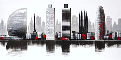 Cuadroexpres - Cuadro Pintado Ciudad de Barcelona 100x50 cm, Moderno, en Blanco y Negro y Detalles en Rojo. 100% Original, sobre Lienzo.