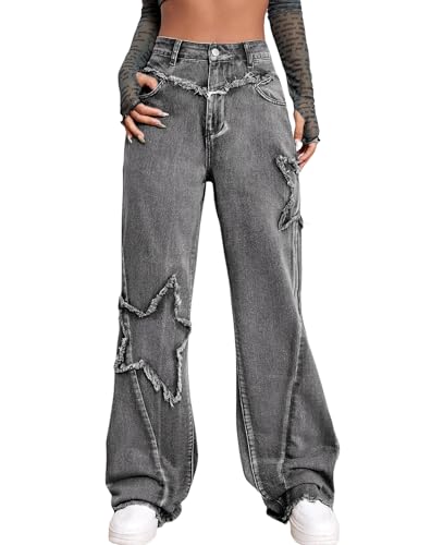 Kedera Women's Wide Leg Denim Pants Teen Star Raw Edge Baggy Trousers High Waisted Boyfriend Y2K Jeans Girls Fashion