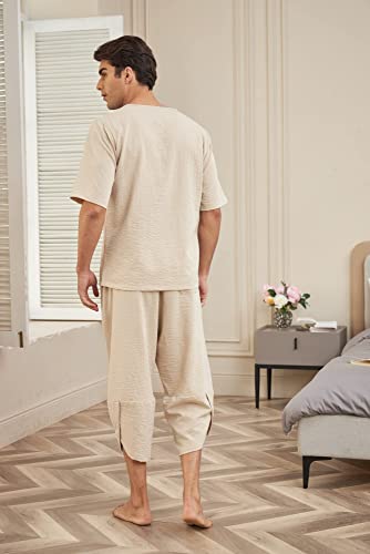 Coofandy Men's 2 Pieces Linen Set Henley Shirt Short Sleeve And Harem Capri Pants Wide Leg Baggy Beach Yoga Trousers Outfits #TOP6