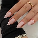 SXVME Dusty Pink False Nails Almond Medium, Gel Press on Nails Almond Solid Color Full Cover Acrylic Fake Nails Set Medium Stiletto Stick on Nail for Women DIY Nail Art 24 Pcs