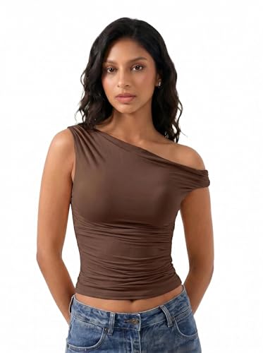 FLYSHEWIN Y2K Brown Off The Shoulder Tops for Women Double Lined Sleeveless Trendy Asymmetric Going Out Blouses Shirt