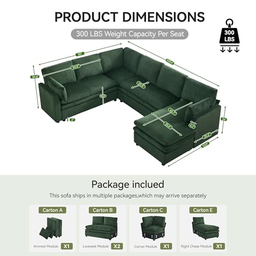 Image of 110 inch Sectional Couches with Right Chaise, Comfy Deep Dual-Layer Cushion Couch, 7 Seater U Shaped Couch, Modern Modular Sofa, Corduroy Sofas for Living Room, Apartment, Green