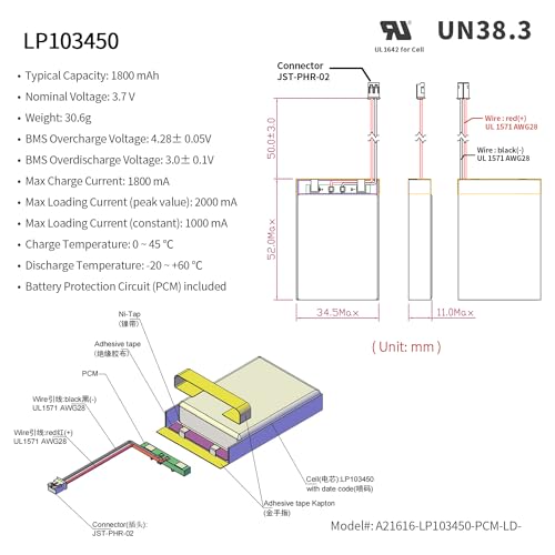 EEMB Lithium Polymer Battery 3.7V 1800mAh 103450 Lipo Rechargeable Battery Pack with 2 Wires JST 2.0mm Connector for Speaker and Wireless Device- Confirm Device & Connector Polarity Before Purchase - Thumbnail 2