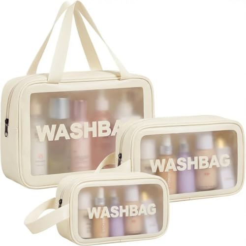 Image of KASHIVAL 3-Piece Clear Travel Toiletry Bags Set, Waterproof Transparent Makeup Organizer Pouches with Zipper, Large Medium Small Cosmetic Storage Cases with Carrying Handle (Cream)