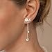 Dangle Pearl Drop Earrings For Women Trendy Long Threader Chain Dainty Flower Wedding Earrings For Brides CZ Cute 14K Gold Plated Statement Sparkly Jewelry (Silver-CZ-Flower)