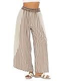 Athlisan Womens Summer Casual Loose Striped Wide Leg Lounge Pants Elastic Waist Palazzo Trousers(Brown-S)