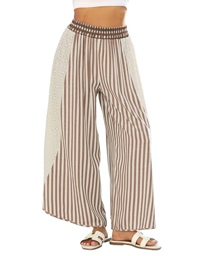 Athlisan Womens Summer Casual Loose Striped Wide Leg Lounge Pants Elastic Waist Palazzo Trousers