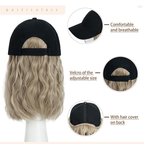 8 Inch Baseball Cap With Hair Extensions BOB Synthetic Hair With Attached Black Hat With One Piece Hair Extensions For Women - Image 3