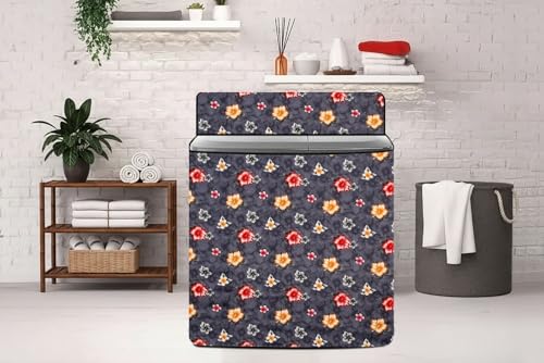 Image of The Furnishing Tree Semi-Automatic Top Load Washing Machine Cover | Waterproof & Dustproof | Easy to Clean | Inlet & Outlet Pipe Provision | Durable & Washable, Floral Grey Polyester (46x76x86.5 CM)