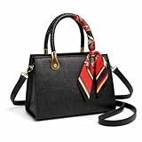 Bolsa Feminina Couro Sintético com Lenço Decorativo, 3 Compartimentos, Alça de Ombro Removível (Preto)
