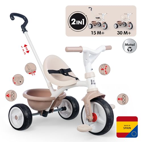 Smoby - Tricycle Be Move Beige - Evolutif 2 en 1 - Ceinture de Sécurité, Poignée Parentale Réglable sur 3 Niveaux - A Partir de 15 Mois Jusqu'à 4 Ans - Fabrication Espagnole