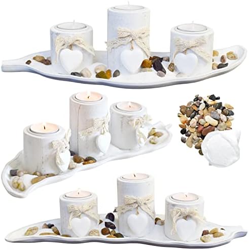 Set portacandele – Piatto a forma di foglia – pietre naturali – bianco anticato – Set regalo decorativo – Lavagna per matrimonio – Shabby Chic – casa rustica