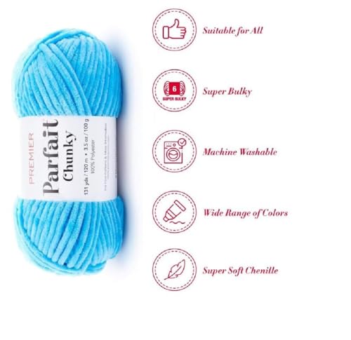 Image of Premier Yarns Parfait Chunky Chenille Yarn 3.5 Oz 6 Super Bulky Weight 3 Pack Bundle with Bella's Stitch Place Holders (Azure)