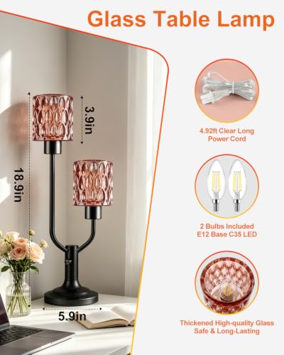 Image of Lightdot Red Glass Vintage Lamp Mid Century Modern Table Lamp Dimmable Gift | Nightstand Lamp Black Desk Lamp 2 Bulbs Included 3000K Warmwhite Ambient Bedside Lamps for Bedroom Living Room Home Decor