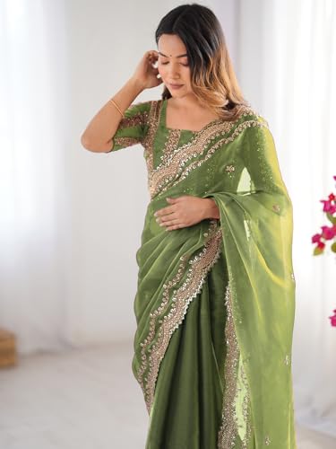 Image of Satrani Women's Shimmer Chiffon Sequins Embroidery Saree with Unstitched Blouse Piece