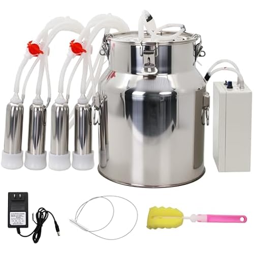 Cow Milking Machine 14L Stainless Steel Bucket Rechargeable Battery Powered 4 Teat Cups for Cows and Goats, Electric Pulsation Portable Milker (4 Stainless Steel Milking Cups Liners)