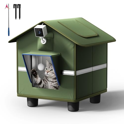 Outdoor Cat House with 2K Camera for Single Cat up to 12 lbs Insulated Weatherproof Feral Shelter Magnetic Door Dual-Mount Cam Stakes & Cat Teaser for Garage Porch Yard