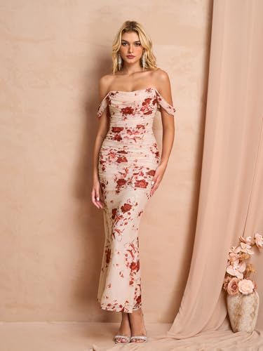 Image of KUTUMAI Off The Shoulder Maxi Long Dress Corset Ruched Bodycon Cocktail Formal Wedding Guest Dresses for Women