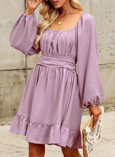 Image of Dokotoo Womens Dress Lantern Sleeve Elastic Waist Tie Backless Mini Dress | Square Neck,Off Shoulder,Flowy,Ruffle A-Line,Casual,Mini Dress,Beach Vacation Clothes,Fall Outifits,Wedding Guest,Boho