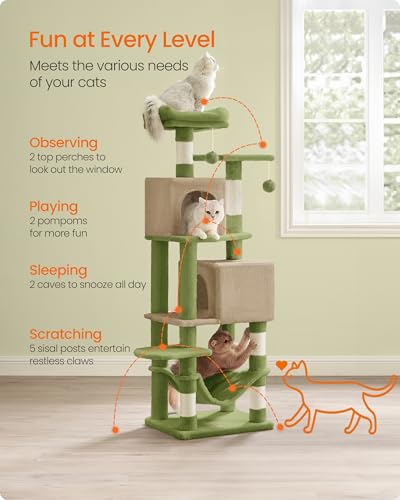 Image of Feandrea Cat Tree, 59.5-Inch Tall Cat Tower, Plush Multi-Level Condo with 5 Scratching Posts, 2 Perches, 2 Caves, Hammock, 2 Pompoms, Grass Green and Camel Brown UPCT192C03