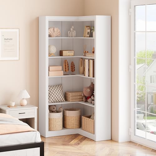 GarveeHome Corner Bookshelf, 71.8'' Farmhouse Corner Bookcase, L-Shaped Bookshelf Large Bookcase, 5 Tier Display Shelf Heavy Duty Bookcases, Bookshelves with Storage (White)