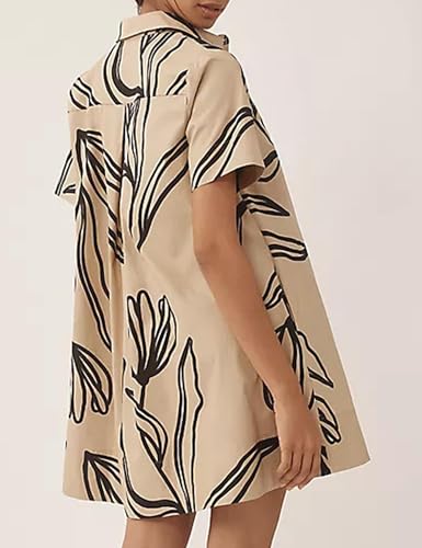 Image of Women's Short Sleeve Swing Tunic Mini Dress Button Up Blouse Shirt Summer Loose Casual Flowy A Line Short Dresses
