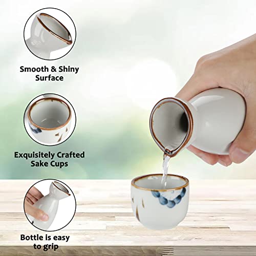 Japanese Sake Set Porcelain Vintage Ceramic Pot Flagon Liquor Spirits Cups Set Kitchen Dining Bar Drinkware 1 Serving Carafe And 4 Cups (White) #TOP2