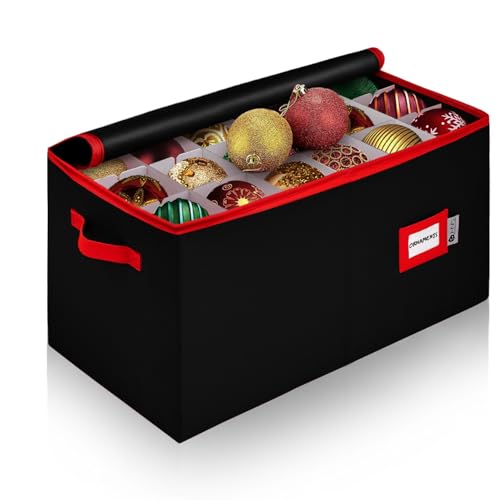 Christmas Ornament Storage Container with Dividers - Box Stores Up to 54 Ornaments, Zippered, Convenient, Adjustable, Large Organizer Bin to Protect Holiday Décor, Fits Most Standard Size, Black