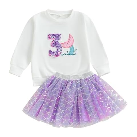 Lamuusaa Toddler Baby Girl Birthday Outfit 1st Romper 2nd/3rd/4th/5th/6th Sweatshirt Mermaid Tutu Skirts Cake Smash Outfit (Purple Three, 3-4T) Cover