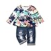 Produktbild Chloefairy Baby Mädchen Langarmshirt Tunika Blumenmuster Jeans mit Löchern Stretch Denim Blau Lang Hose Outfit Set Baumwolle Warm Sweatshirt Bekleidungsset für Kleinkinder Herbst Winter (7, 80)