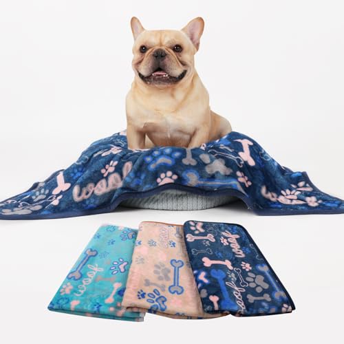Image of Luciphia 1 Pack 3 Blankets Fluffy Premium Fleece Pet Blanket Flannel Paw Bone Printed Throw for Dog Cat(Large 41 inchx31 inch, Khaki /Blue /Navy)