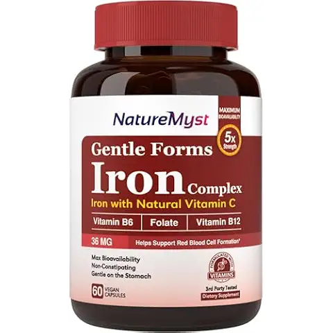 NatureMyst Gentle Iron Supplement for Women Men with Vitamin C, Folate, B6 & B12 | Stomach Friendly Iron Bisglycinate | Non-Constipating Iron Pills for Blood, Energy & Immune Support | 60 Vegan Caps Cover