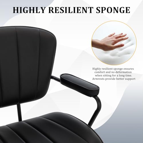 Image of Mid Century Modern Office Chair, Fixed Back Rolling Desk Chair with Armrests and Walnut Back, Adjustable Height for Home Office, Black