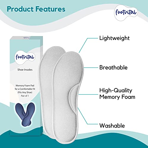 Image of Footvital Memory Foam Shoe Insoles for Men and Women | Soft Cushioned Inserts for Long Standing and Walking | Supports Heel and Arch | Shock Absorbing | Moisture Absorbing | Lightweight Washable Insoles for All Shoes | 1 Pair | Grey | Size 6