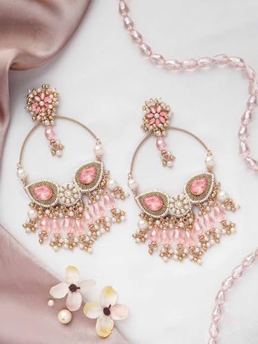 Image of SANJOYA by EVERSTYLISH Embroidered Earrings for Women | Hoop Earrings with Stones, Beads, Pearls & Glass Drops | Lightweight Ethnic & Festive Jewelry for Weddings & Parties
