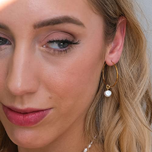 Organic Pearl Hoop Earrings | Freshwater Baroque Pearl in White Yellow Gold Hoops | 14K Gold Plated Sterling Silver3