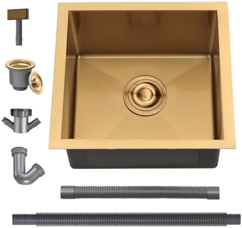 Fregadero Cocina 50 x 45 cm, Fregadero Acero Inoxidable, Oro | Fregadero Compatible Instalación sobre, bajo y a fleur de Encimera, Incluye Rebosadero y Cesta Filtro