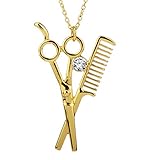 Greendou Fashion Jewelry Cubic Zirconia Hair Stylist Scissors and Comb Charm Pendant Necklace (Gold)