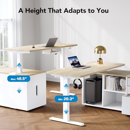 Image of HUANUO L Shaped Standing Desk, Electric Executive Desk with Drawers, Adjustable Height Stand Up Desk, 55″ x 23.6″ One-Whole Piece Desktop, Computer Desk with 4 Memory Presets, Light Walnut