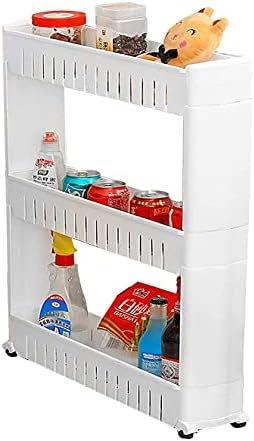G4RCE 0B-HTJW-5KJ0I Slim Slide Out Kitchen Trolley Storage Shelf Organizer Moving Wall Cabinets Tower Holder Rack on Wheels 3 4 Tier, White / Rolling Pantry Storage