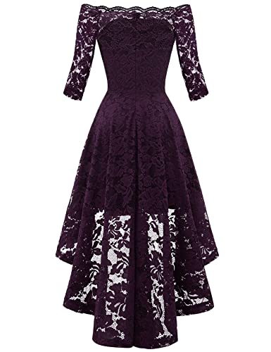 Muadress Women Vintage Lace Cocktail Party Dress Off Shoulder 3/4 Sleeve Hi-Lo Dress A-Grape Medium #TOP3