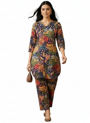 Image of Bee M Pee Designer Trendy Floral Printed Poly Rayon Cotton Kurta Coord Sets for Women | Stylish Casual Kurti Tunic Cord Set with Pant for Woman for Office