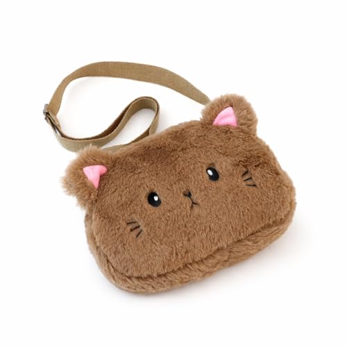 Bolsa Tranversal de Pelúcia Gatinho Fofo, Com Alça Para Ombro (Marrom)