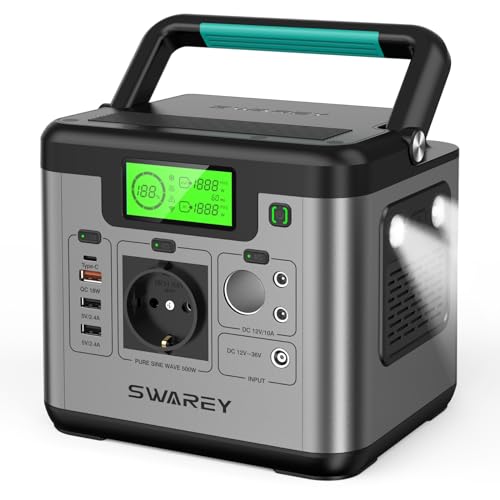 SWAREY Generador Solar Portátil 518Wh/144000mAh Onda Sinusoidal Pura AC/DC/USB/Tipo C (PD 30W) Estación de Energía Exterior Estación Solar Portátil para Viaje Acampada Autocaravana con un Bolso S500