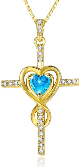 Cross Necklace for Women 14K Gold Plated Dainty Heart Birthstone Pendant Infinity Necklaces Religious Jewelry Christian Baptism Faith Anniversary Birthday Gifts for Wife Mom