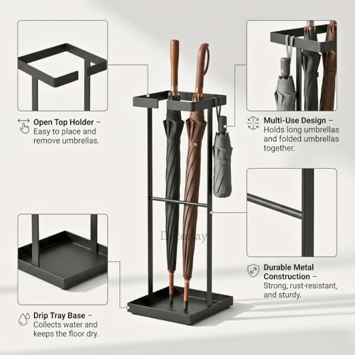 Image of Decorlay Wrought Iron Umbrella Carrying Stand Rack for Canes, Walking Sticks, Indoor Holder Living Room Corner Free Golf Kit Stick Walking Stick & Cane (Black)