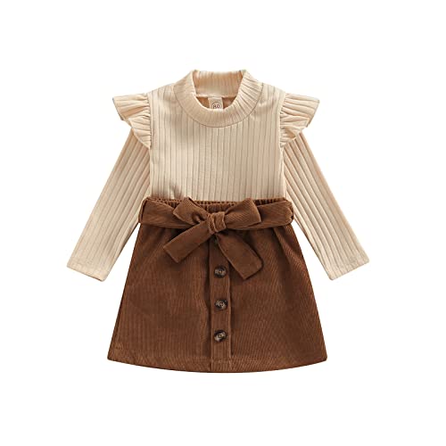 Image of fhutpw Baby Toddler Girl Outfits Fall Winter Clothes Turtleneck Knitted Cotton Long Sleeves Tops & Button Mini Skirts Set